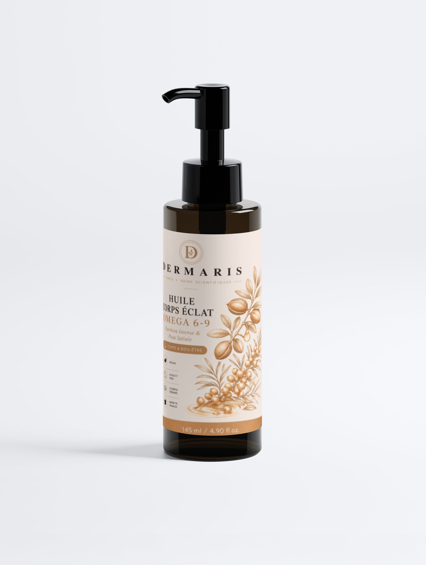Huile corps lumineuse oméga 6-9 argan jojoba DERMARIS - flacon noir