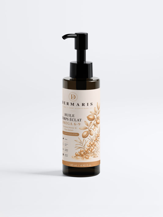 Huile corps lumineuse oméga 6-9 argan jojoba DERMARIS - flacon noir