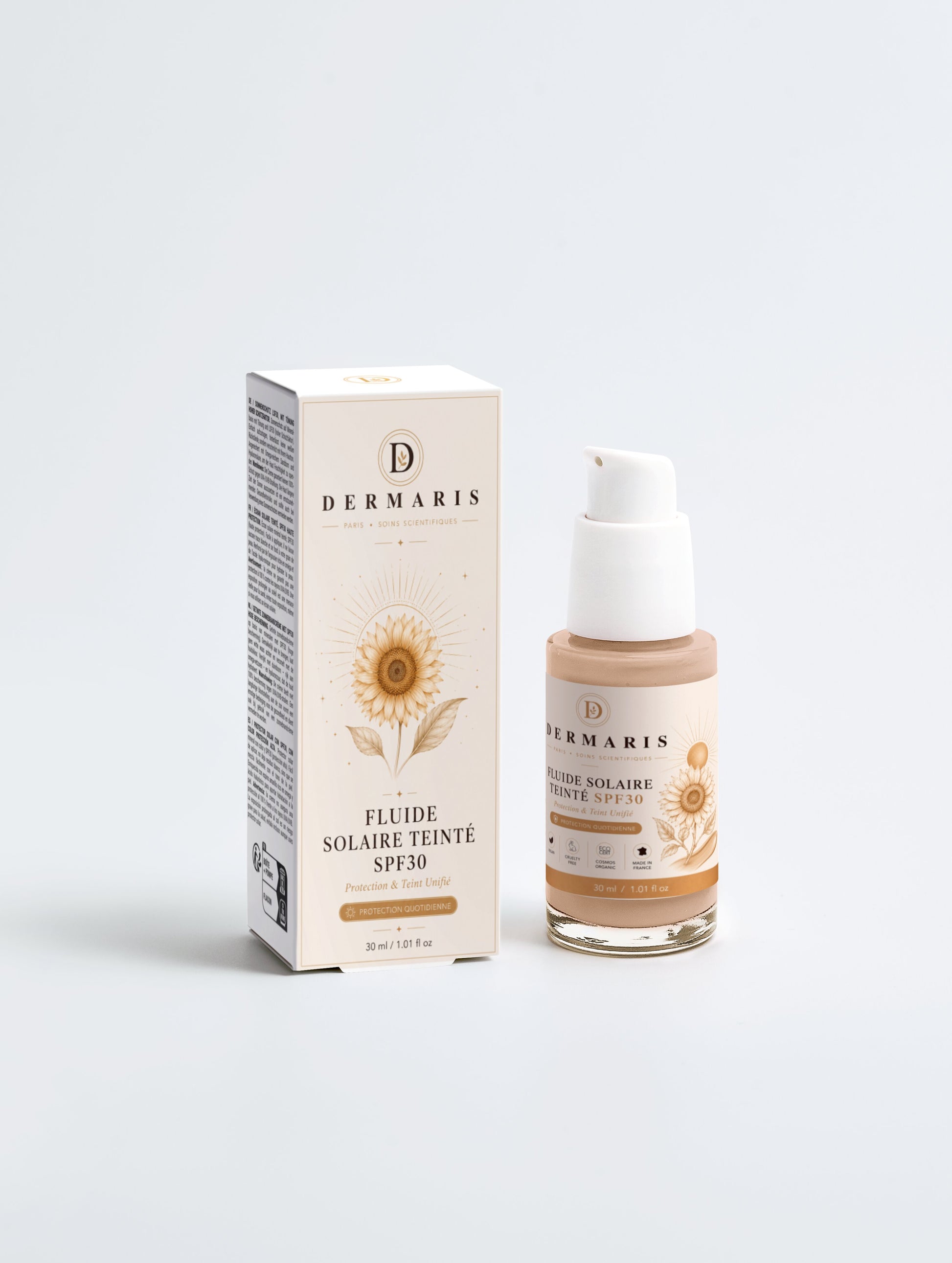 Crème solaire teintée SPF30 visage filtres minéraux DERMARIS - tube blanc
