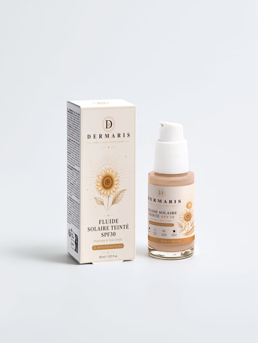 Crème solaire teintée SPF30 visage filtres minéraux DERMARIS - tube blanc