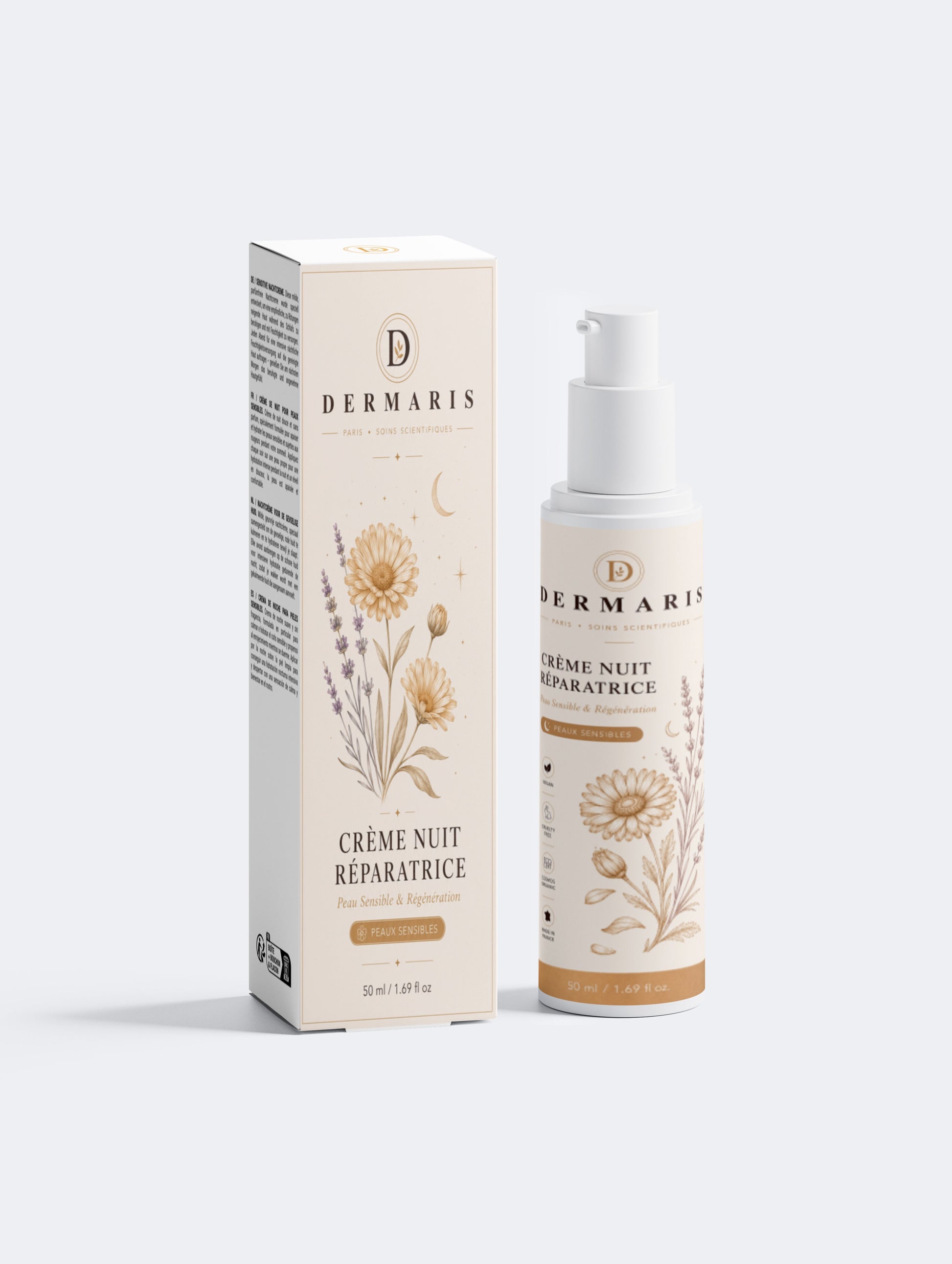 Crème de nuit peaux sensibles sans parfum DERMARIS - pot blanc